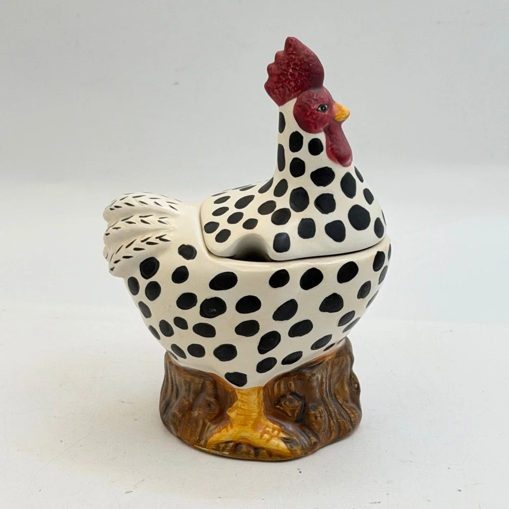 Sakura China Ceramic Rooster Sugar Bowl Polka Dot Hand Painted Farmhouse Decor